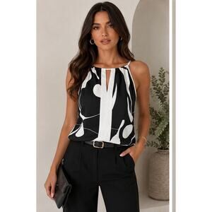 NWT Black White Abstract Print Halter Tank Top Size M Sleeveless Tie Back